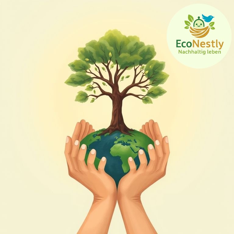 Hände halten einen kleinen Baum als Symbol für Nachhaltigkeit, Umweltschutz und Verantwortung – mit dem Logo von EcoNestly für einen grünen, bewussten Einkauf.