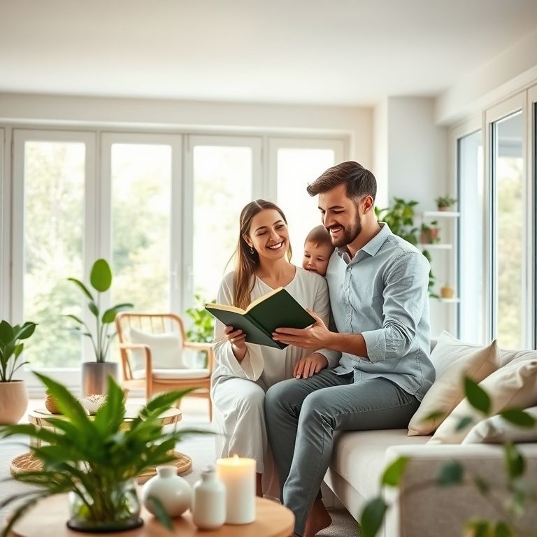 Eine Familie oder ein Paar in einem gemütlichen, hellen Raum mit grünen Pflanzen und Holzelementen. Die Atmosphäre ist hell und ruhig (Lächeln, sanftes Licht, ein Gefühl von Reinheit und Einfachheit).