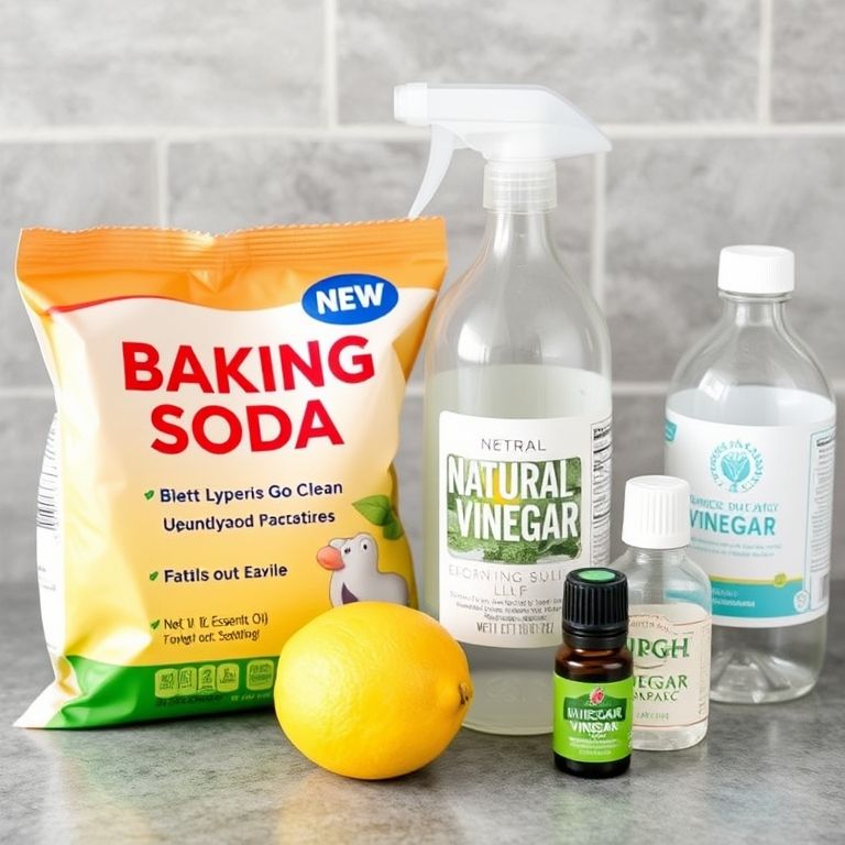 Ein Reinigungsmittel steht neben Natron, Zitronen, Essig und ätherischem Öl – nachhaltige, umweltfreundliche Reinigung zuhause, Inspiration von EcoNestly.