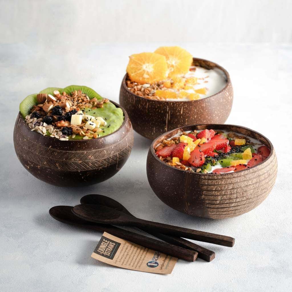 coconut eco bowls 1 1 Umweltfreundliches Kokosnussschalen- und Löffelset (2er-Pack)