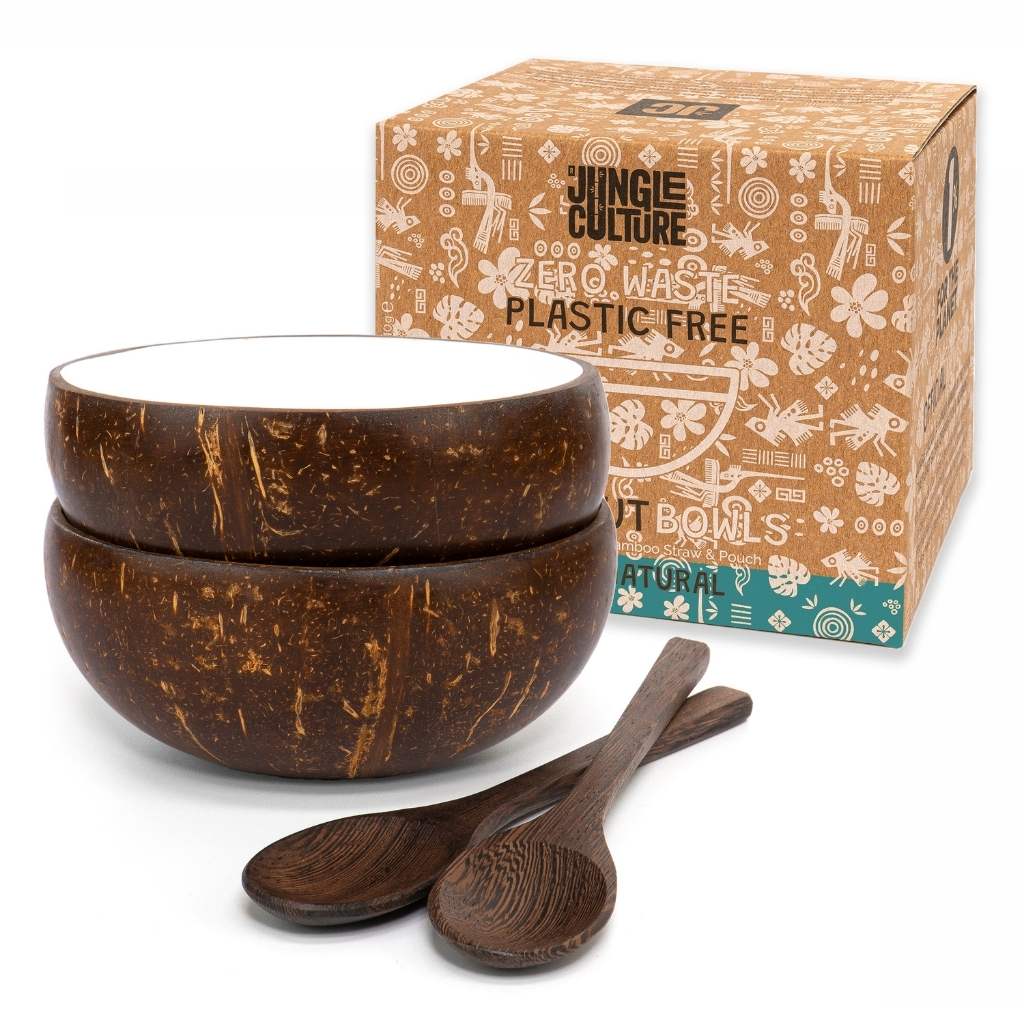 eco organic coconut bowl set 2 Weiße Lack-Kokosschalen & Löffel Set