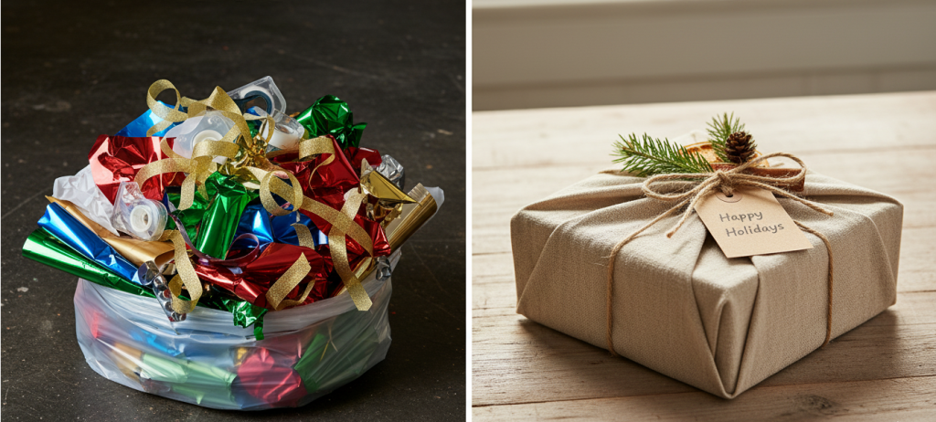 Vorher-Nachher: Herkömmliches vs. nachhaltiges Geschenke verpacken - Zero Waste Alternative