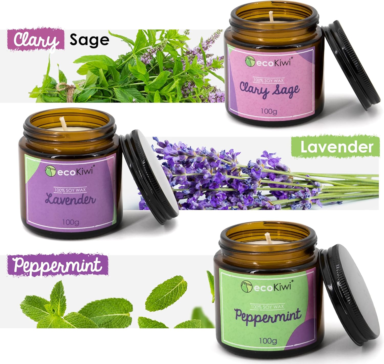 ecokiwi1 Duftkerzen-Trio aus Sojawachs (3x100g) Vegan & Paraffinfrei