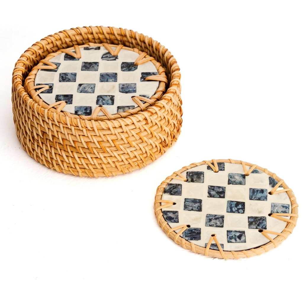 unique drinks coasters Perlmutt & Rattan Untersetzer Set (6er-Set) Handgefertigt inkl. Halter Boho-Design