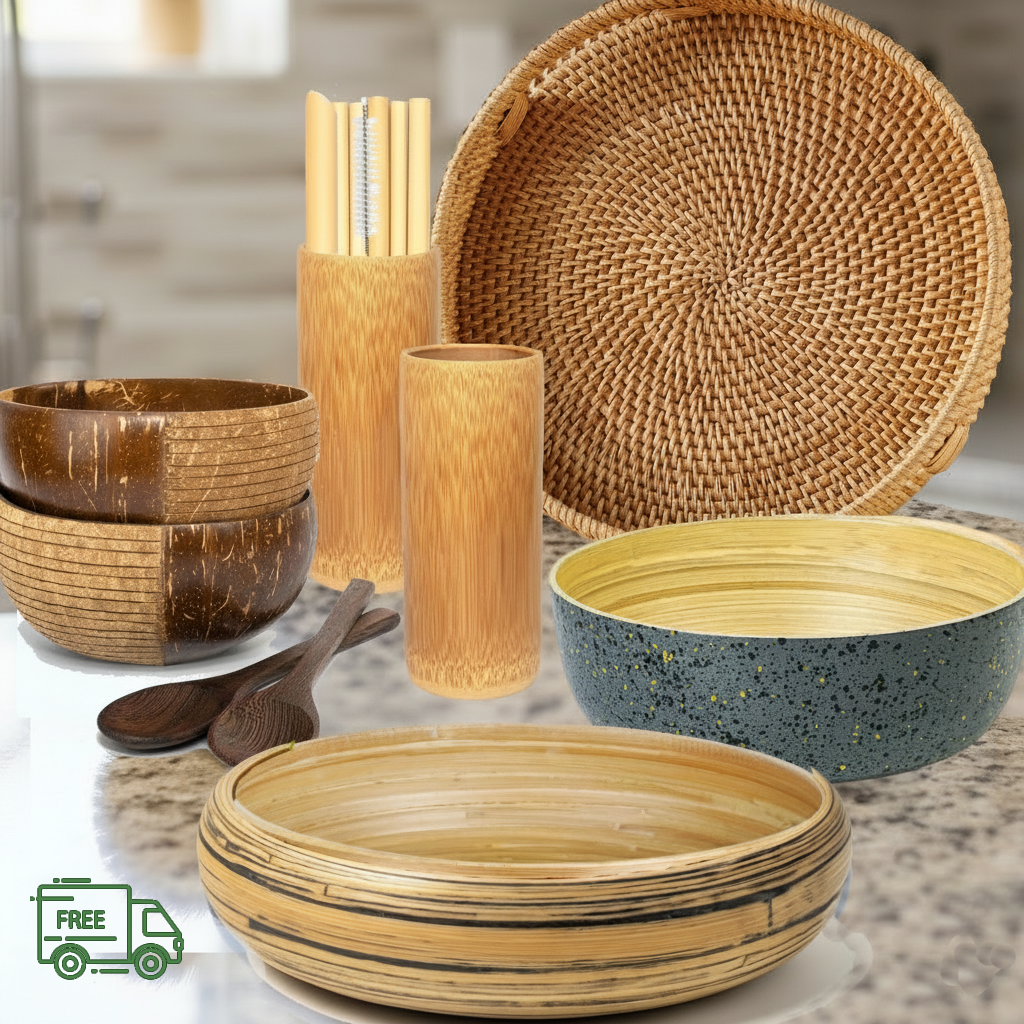 Design-Set "Ästhetik & Natur" mit Coconut Bowls, großer Bambusschale, Terrazzo-Servierschale, Rattan-Tablett und Bambusbechern auf neutralem Hintergrund.
