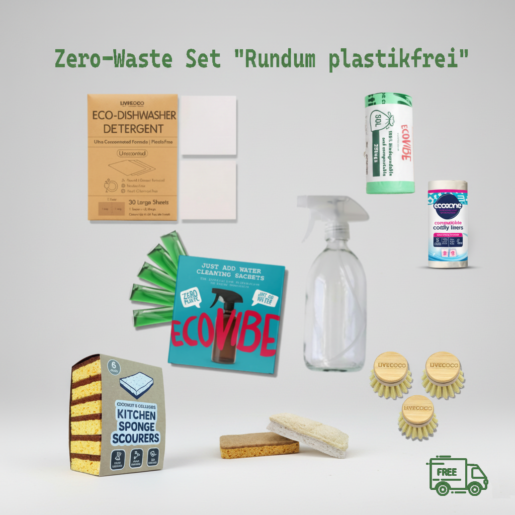 EcoNestly 8-teiliges Zero Waste Haushalts-Set mit Glas-Sprühflasche, Bio-Müllbeuteln, Spülmaschinen-Blättern und Bambus-Spülbürsten auf hellgrauem Hintergrund.