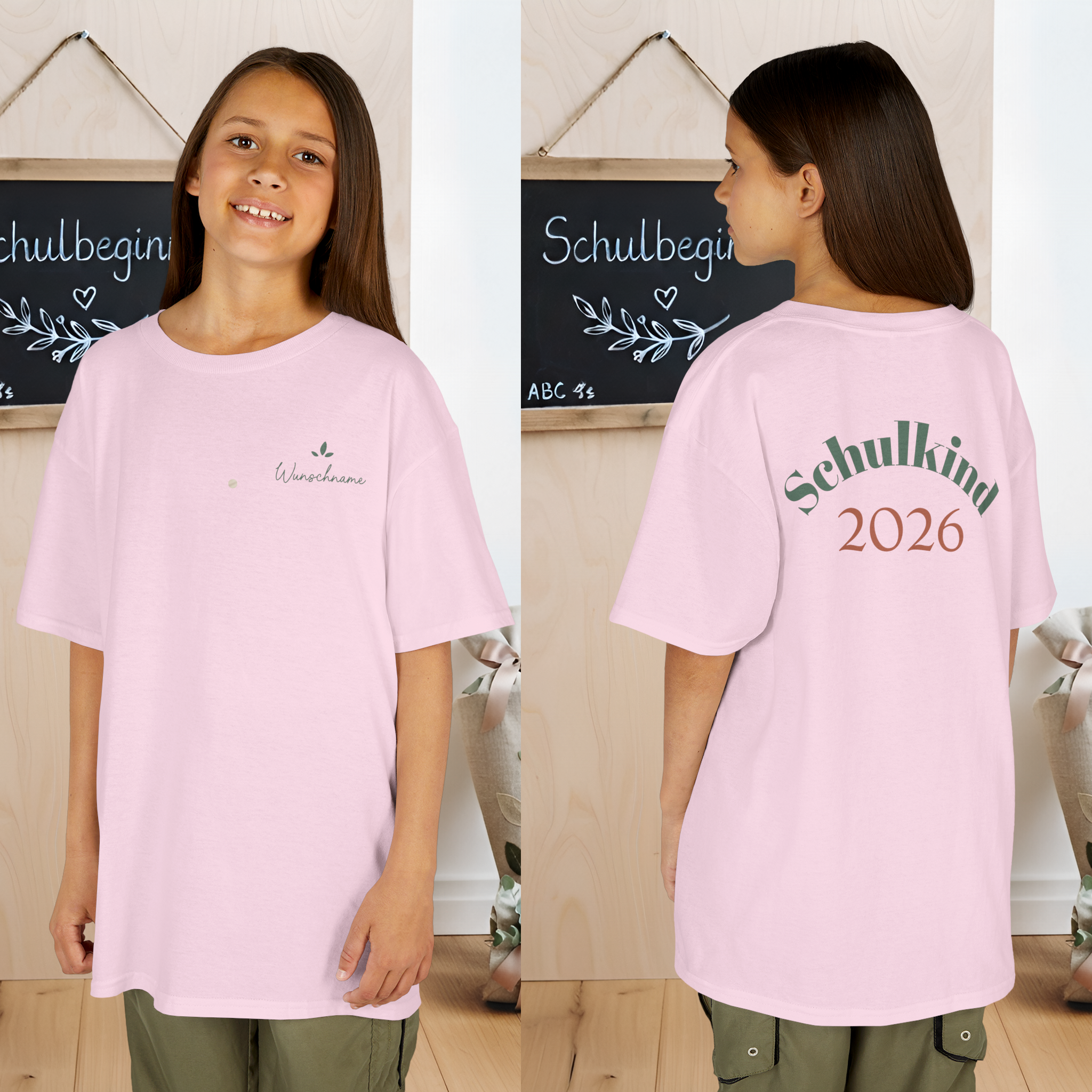 20260802000847 1f18e065 4e51 6114 9367 76f43f5740fb Premium Schulkind 2026 Mädchen T-Shirt | Vorder- & Rückendruck mit Wunschname