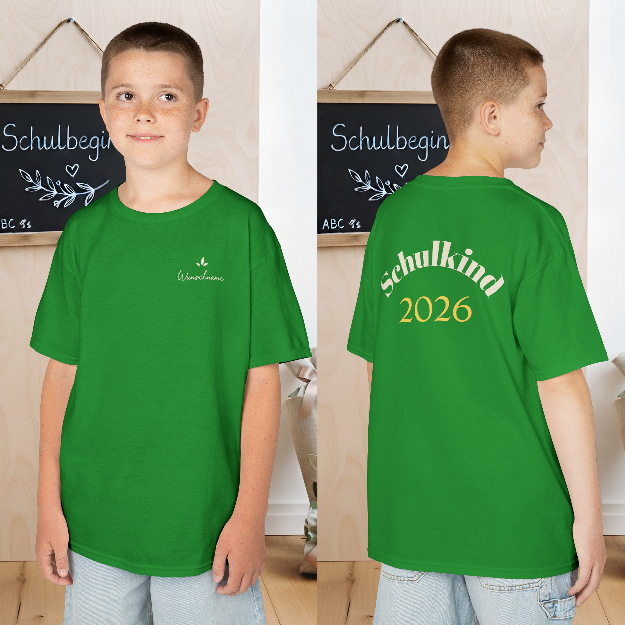 20260802004644 1f18e0ba 2776 61ca 9ae1 b67b28216f1c Premium Schulkind 2026 Jungen T-Shirt | Vorder- & Rückendruck mit Wunschname