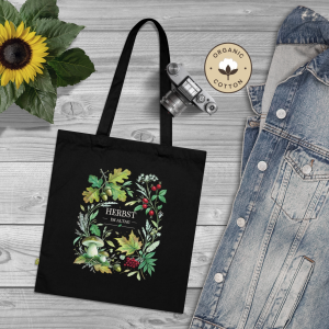Herbst Shopper aus Bio Baumwolle | Pilze, Blätter & Beeren | Botanische Tragetasche | Nachhaltiger Stoffbeutel