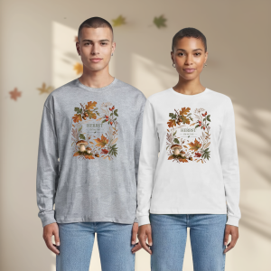 Herbst Langarmshirt Unisex | Herbstlaub, Pilze & Eicheln | Baumwoll Longsleeve in warmen Naturtönen