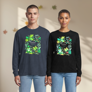 Herbst Langarmshirt Unisex | Botanisches Motiv mit Blättern & Pilzen | Dunkle Naturtöne | Baumwolle