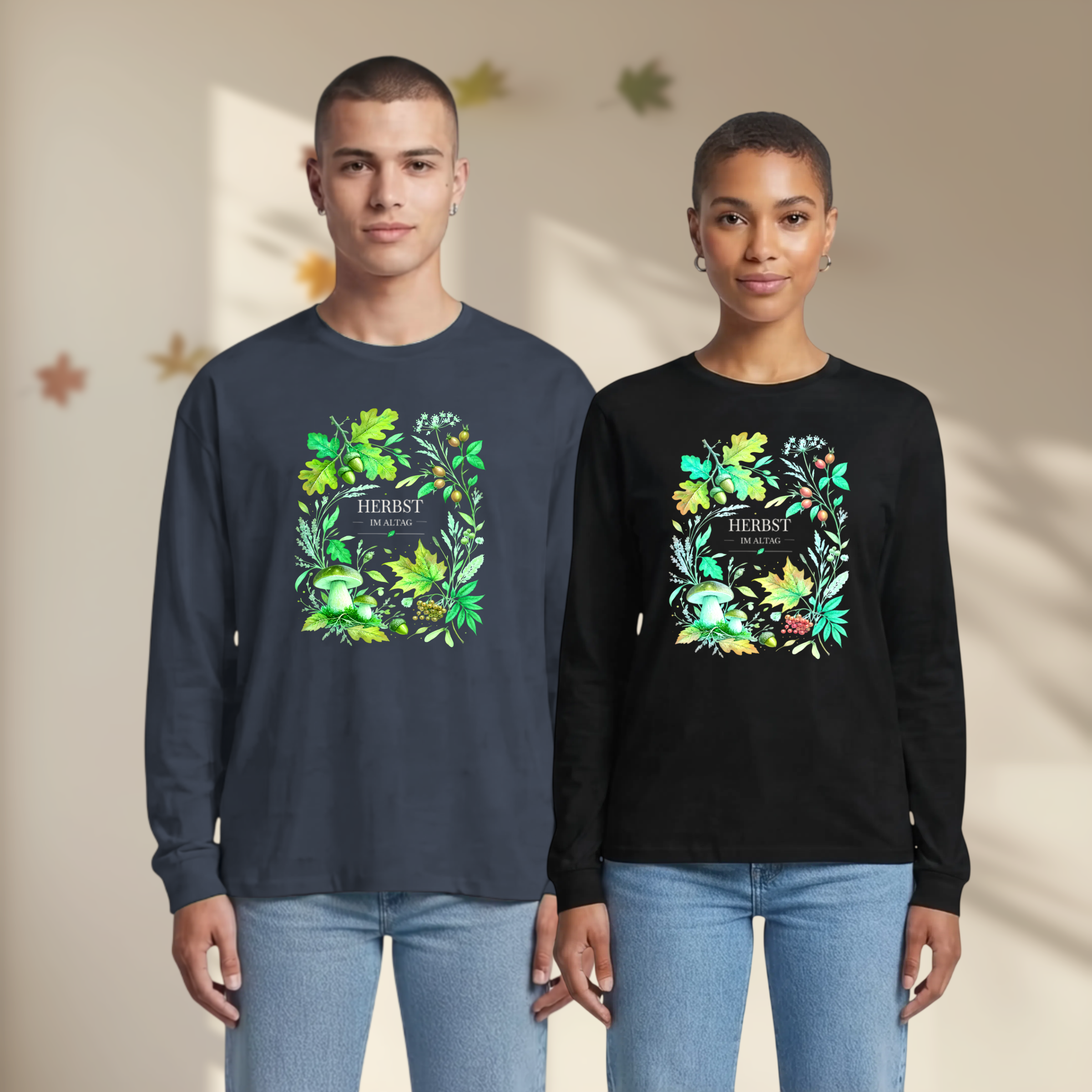 20260922025521 1f1b6310 d158 6f5a bd9e ca3a78318d82 Herbst Langarmshirt Unisex | Botanisches Motiv mit Blättern & Pilzen | Dunkle Naturtöne | Baumwolle