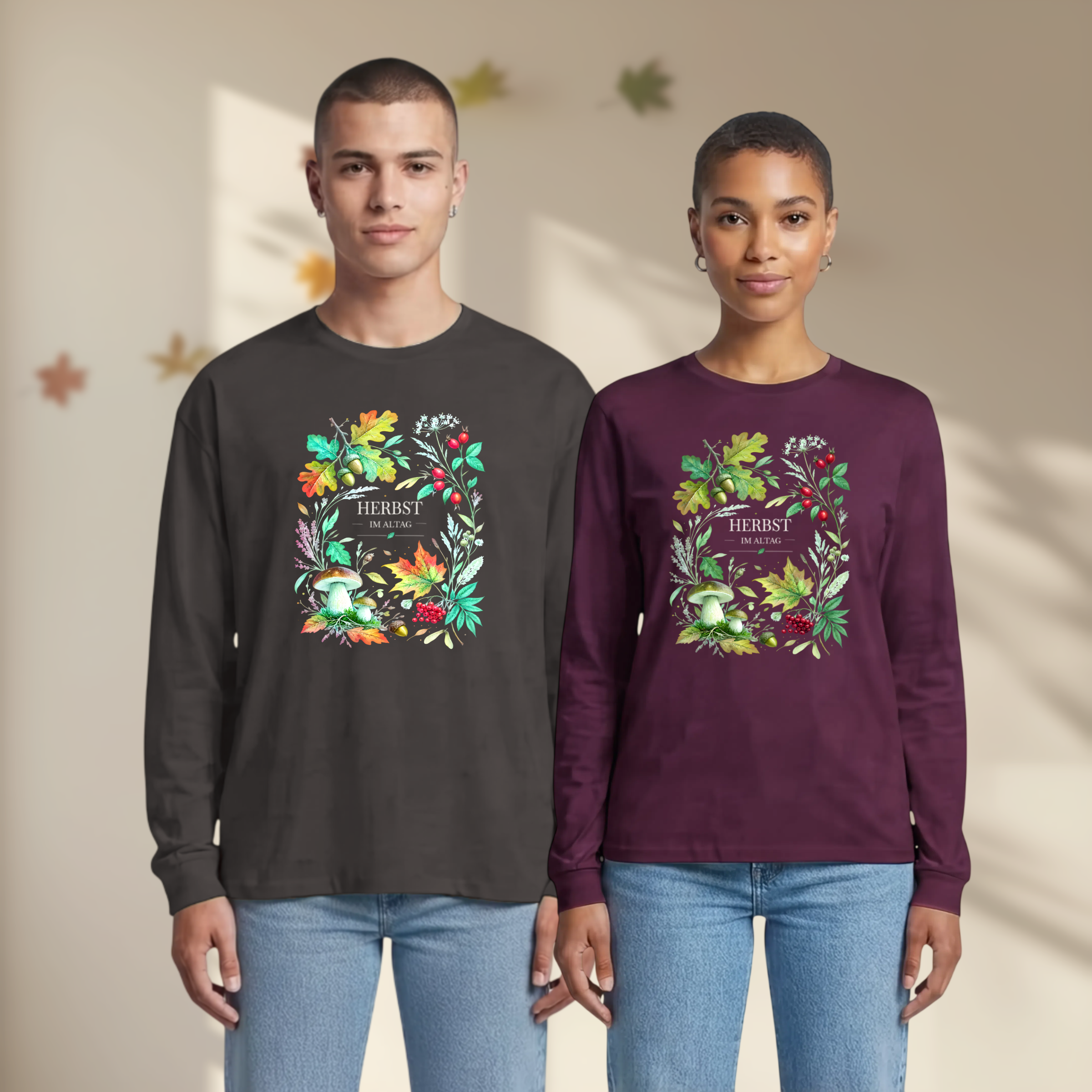 20260922025531 1f1b6311 2fdd 68a0 8385 764996af0e58 Herbst im Alltag Langarmshirt | Herbstlaub, Pilze & Eicheln | Botanisches Longsleeve aus Baumwolle