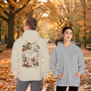Herbst Premium Hoodie Unisex | Herbstlaub, Pilze & Eicheln | Botanischer Herbstkranz | Kuscheliger Pullover