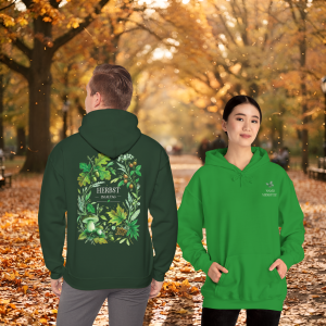 Herbst Hoodie Premium Unisex | Waldmotiv mit Blättern & Pilzen | Grüner Botanical Hoodie | Personalisierbar