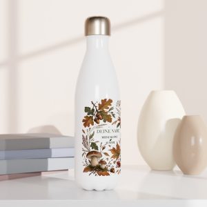 Herbst Trinkflasche aus Edelstahl | Botanisches Herbstmotiv mit Blättern & Pilzen | Isolierflasche 0,5 l