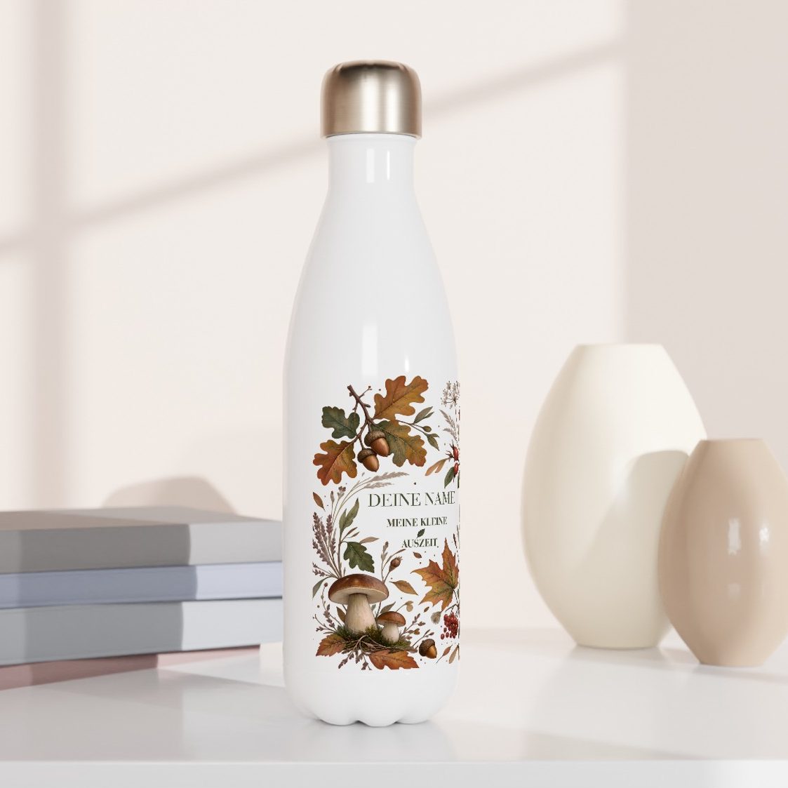 3e36f9f1 6c05 402d 915e 7e1aafe996a4 e1790195611961 Herbst Trinkflasche aus Edelstahl | Botanisches Herbstmotiv mit Blättern & Pilzen | Isolierflasche 0,5 l