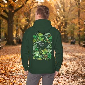 Herbst Hoodie Unisex | Waldmotiv mit Blättern & Pilzen | Grüner Botanical Hoodie | Personalisierbar
